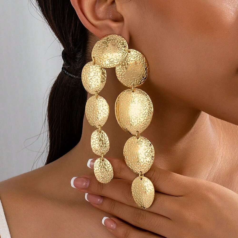 Yellow Gold Sexy Women's Oversized Exaggerated Round Cracked Patchwork Earrings - Picture 5 of 15